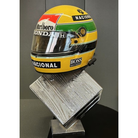 chromed wooden helmet display